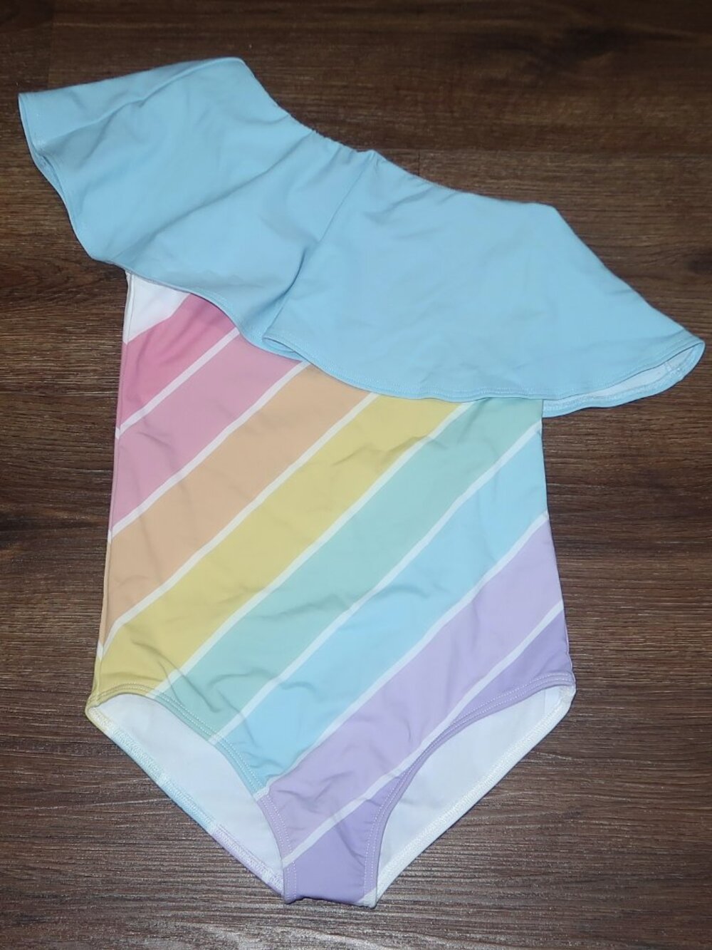 NWOT Saint Ida Girls Swimsuit Candy Rainbow One Shoulder Ruffled One Piece sz 9